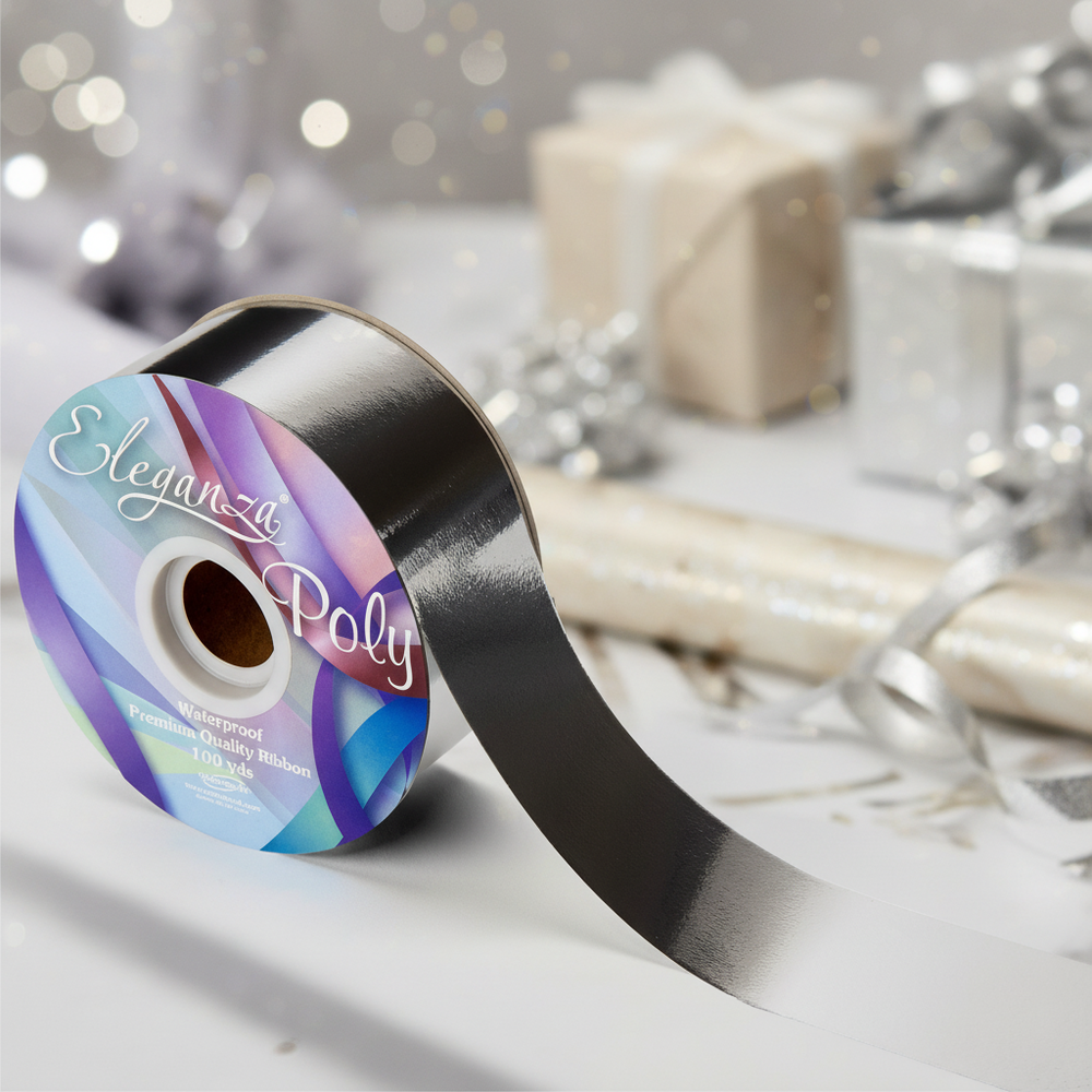 Eleganza metallic silver poly ribbon 50mm roll with elegant background