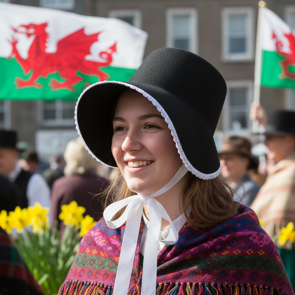 Young woman wearing traditional Welsh cockle-shell bonnet at St David's Day celebration with daffodils