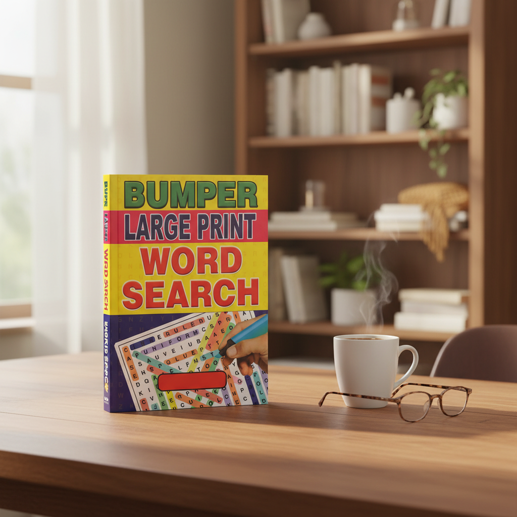 A4 Bumper Word Search Book on a wooden desk with tea and reading glasses — hero product shot
