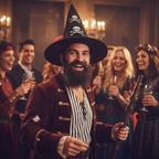 Man wearing realistic black fancy dress beard at costume party dressed as pirate character