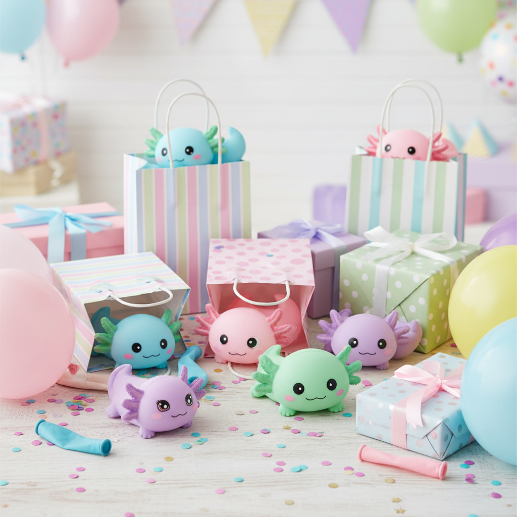 Smooshy Lotl axolotl squishy toys in pastel party bags at a children's birthday party – perfect party bag filler