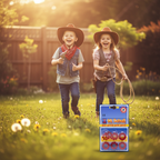 Two children playing cowboys in a sunny garden with cap gun rings, golden hour light, joyful childhood play