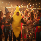 Adults laughing at a fancy dress party, one person wearing the bright yellow Barmy Banana costume with arms outstretched in joy
