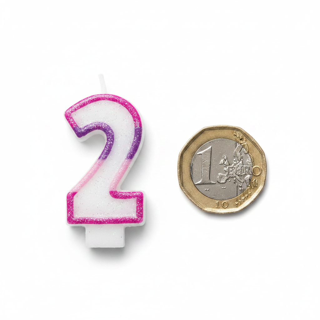 Pink glitter number 2 birthday candle flat lay beside a £1 coin showing product scale on white background