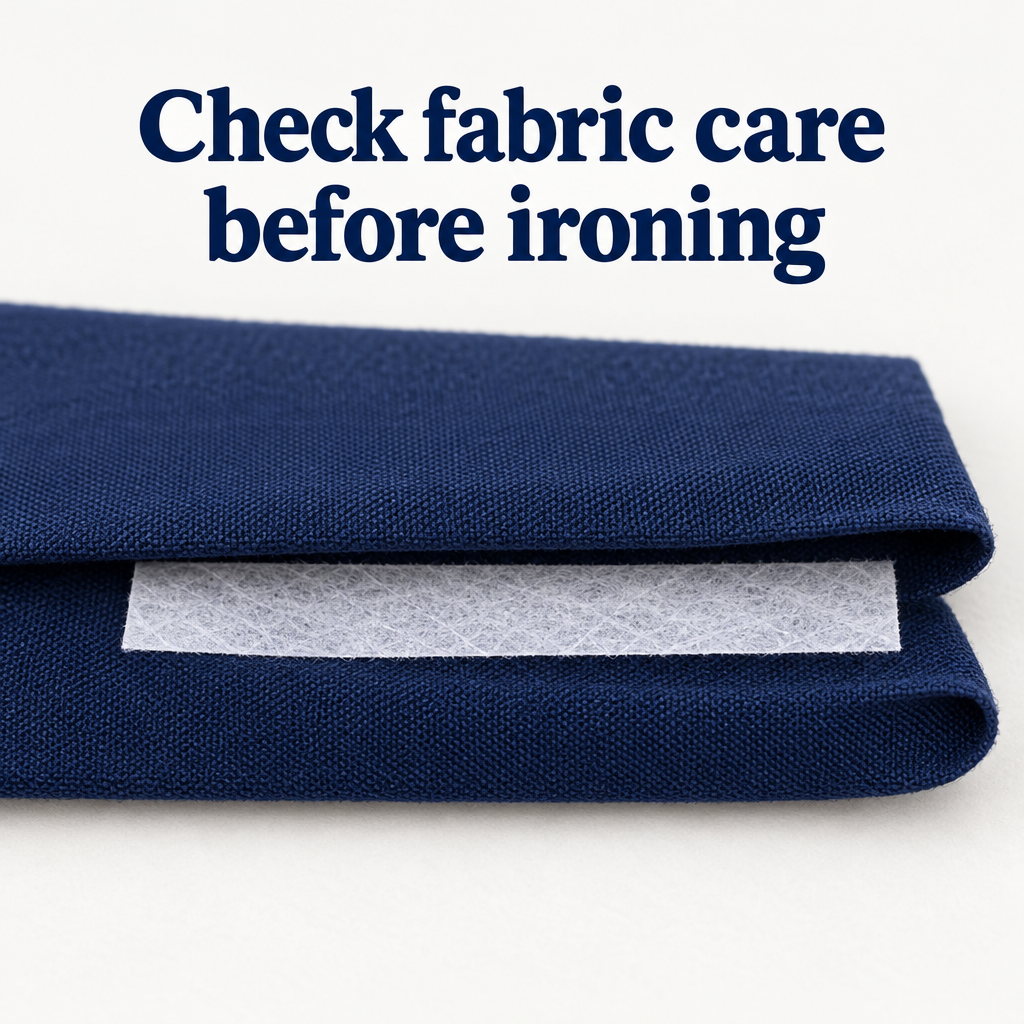 White hemming web between folded navy fabric layers with a reminder to check fabric care before ironing
