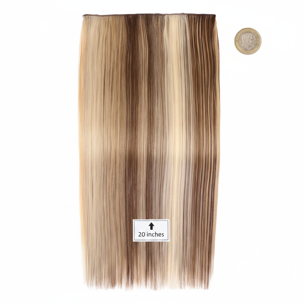 Flat lay of 20 inch clip-in hair extension in Safari Sunset beside a £1 coin to show scale