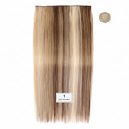 Flat lay of 20 inch clip-in hair extension in Safari Sunset beside a £1 coin to show scale