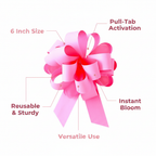 Large light pink pull bow infographic showing key features: 6 inch size, pull-tab activation, reusable, instant bloom, versatile use
