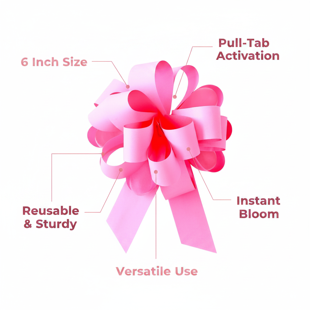 Large light pink pull bow infographic showing key features: 6 inch size, pull-tab activation, reusable, instant bloom, versatile use