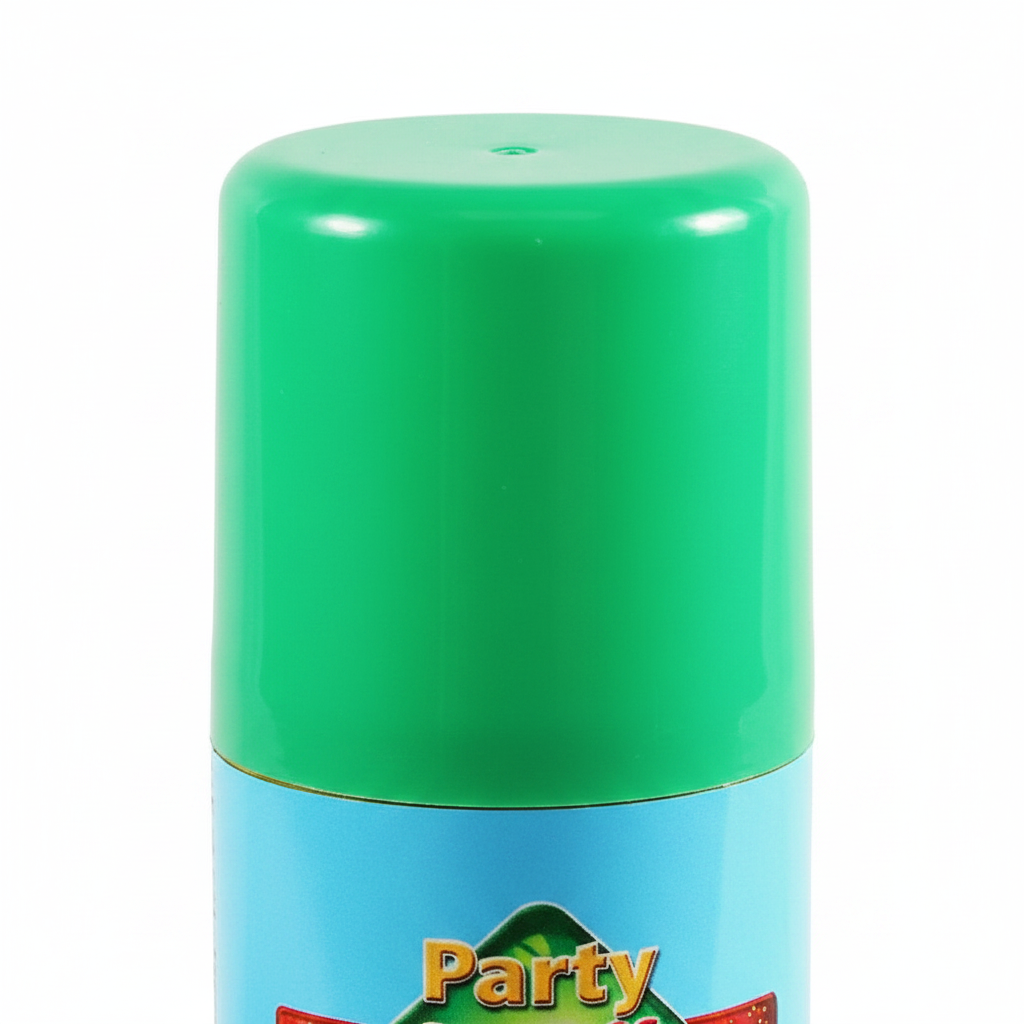 Extreme macro close-up of the vivid kelly green cap on Party Success Hair Colour Spray showing glossy finish and nozzle