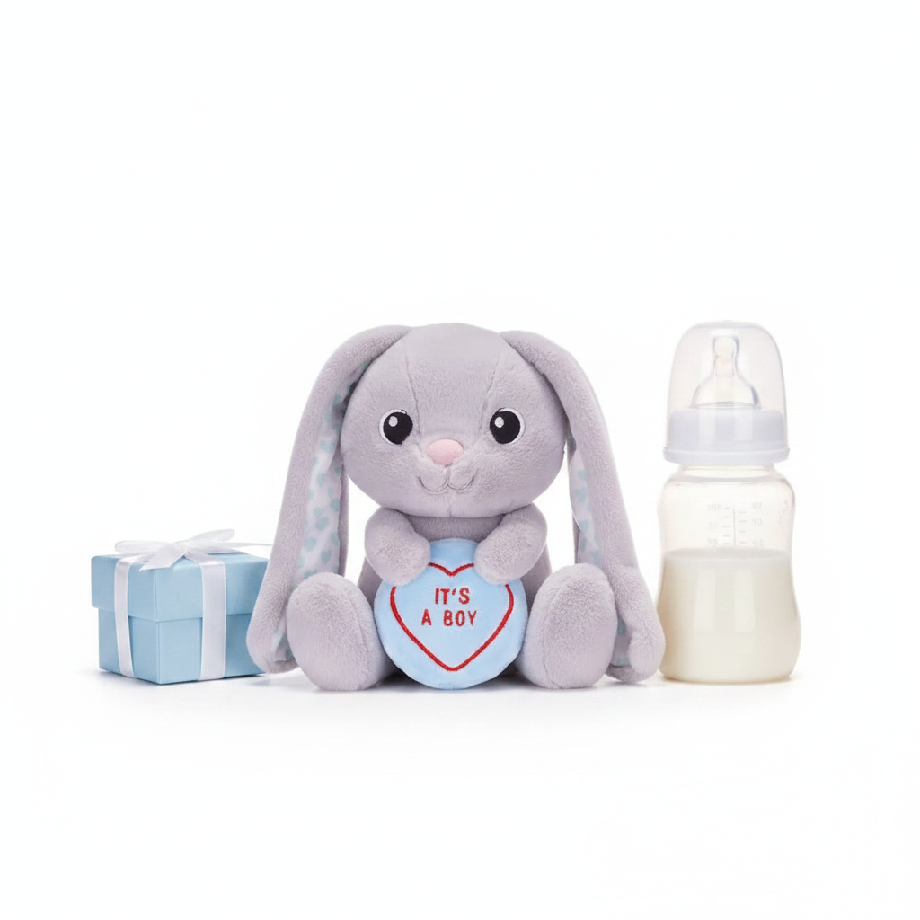 Swizzels Love Heart It's A Boy 18cm plush bunny shown next to a baby bottle and gift box to show scale