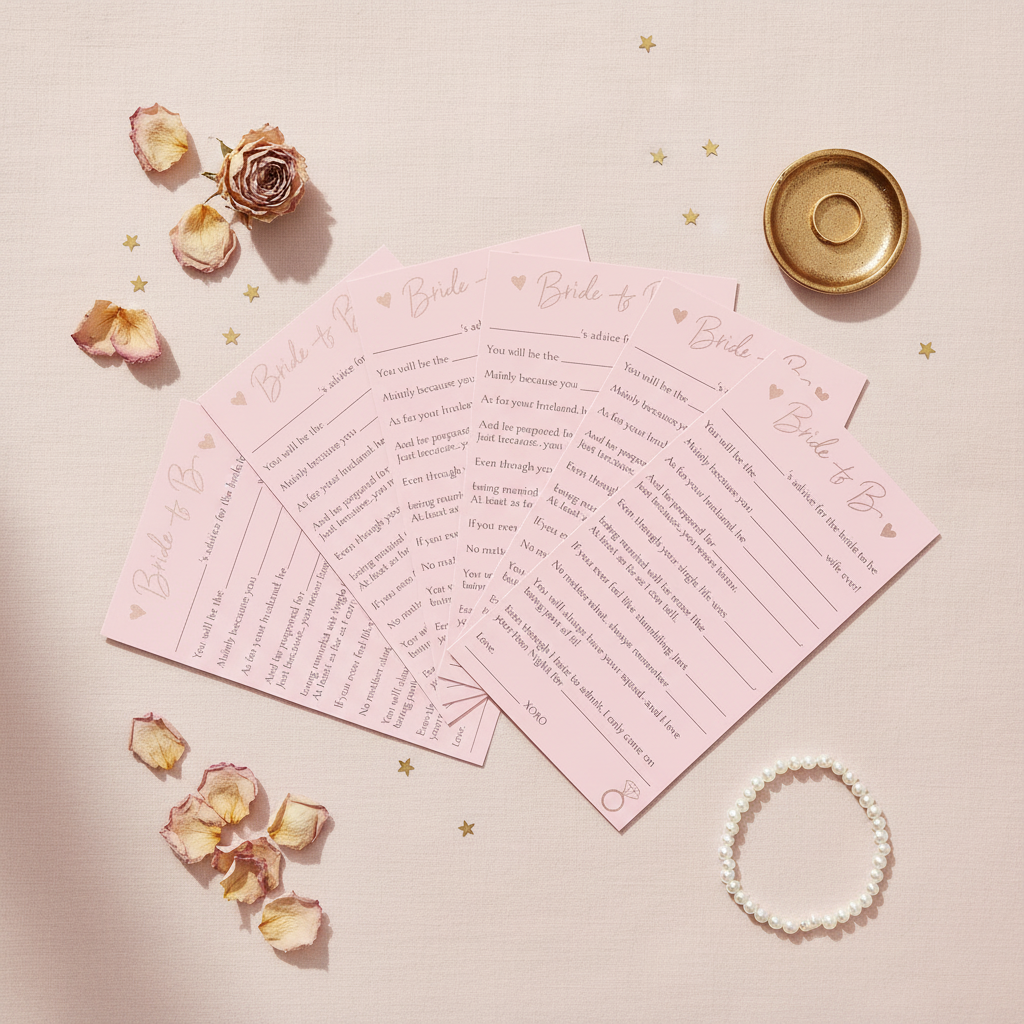 Elegant flat lay of all 8 Team Bride hen party advice cards fanned out on blush linen with rose petals and gold confetti