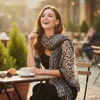 Woman laughing at an outdoor café with a black and beige chiffon animal print scarf draped over her shoulders on a warm morning