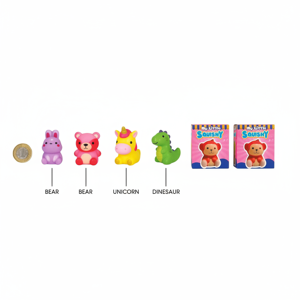 Flat lay of assorted squishy animal toys beside £1 coin showing 5cm scale with pink branded boxes