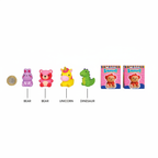 Flat lay of assorted squishy animal toys beside £1 coin showing 5cm scale with pink branded boxes