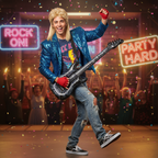 Man confidently wearing blonde 1980s mullet wig in a retro 80s outfit, striking a fun rock star pose showing the desirable costume result