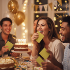 Woman using gold luncheon napkin at a fun birthday party celebration with cake and balloons