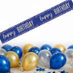 Happy Birthday foil banner with blue and gold confetti - 9ft party decoration product shot
