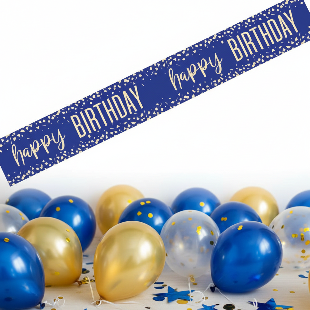 Happy Birthday foil banner with blue and gold confetti - 9ft party decoration product shot