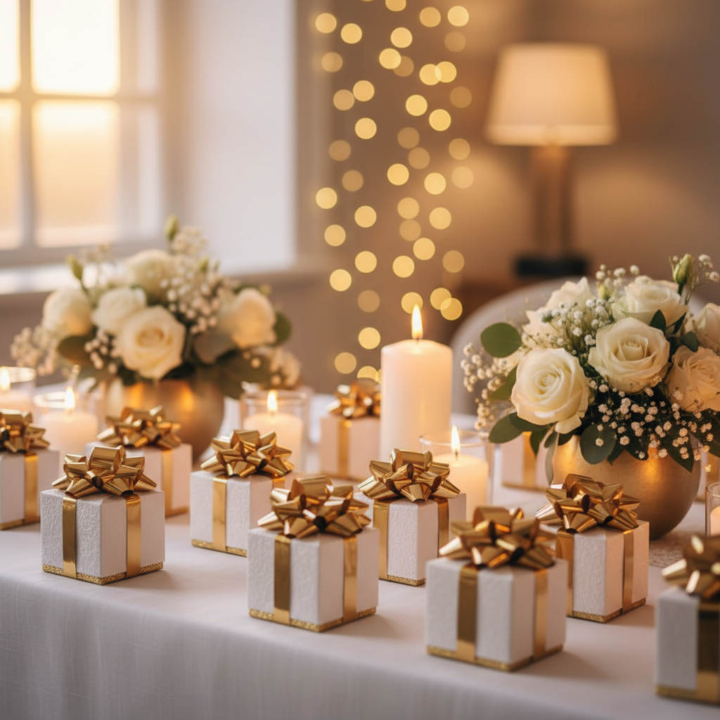 Wedding favour boxes decorated with metallic gold pull bows in a romantic candlelit table setting
