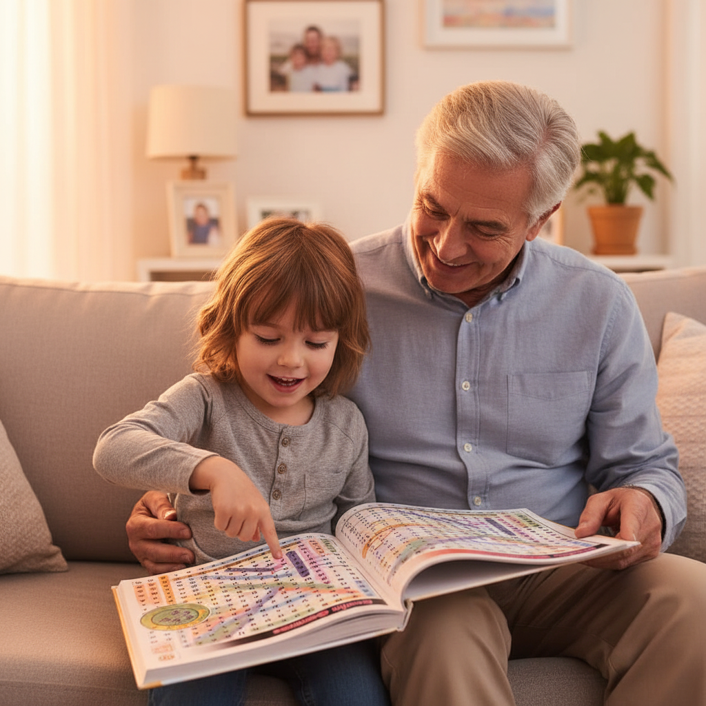 Grandfather and grandchild enjoying Brain Games Word Search Book together on sofa