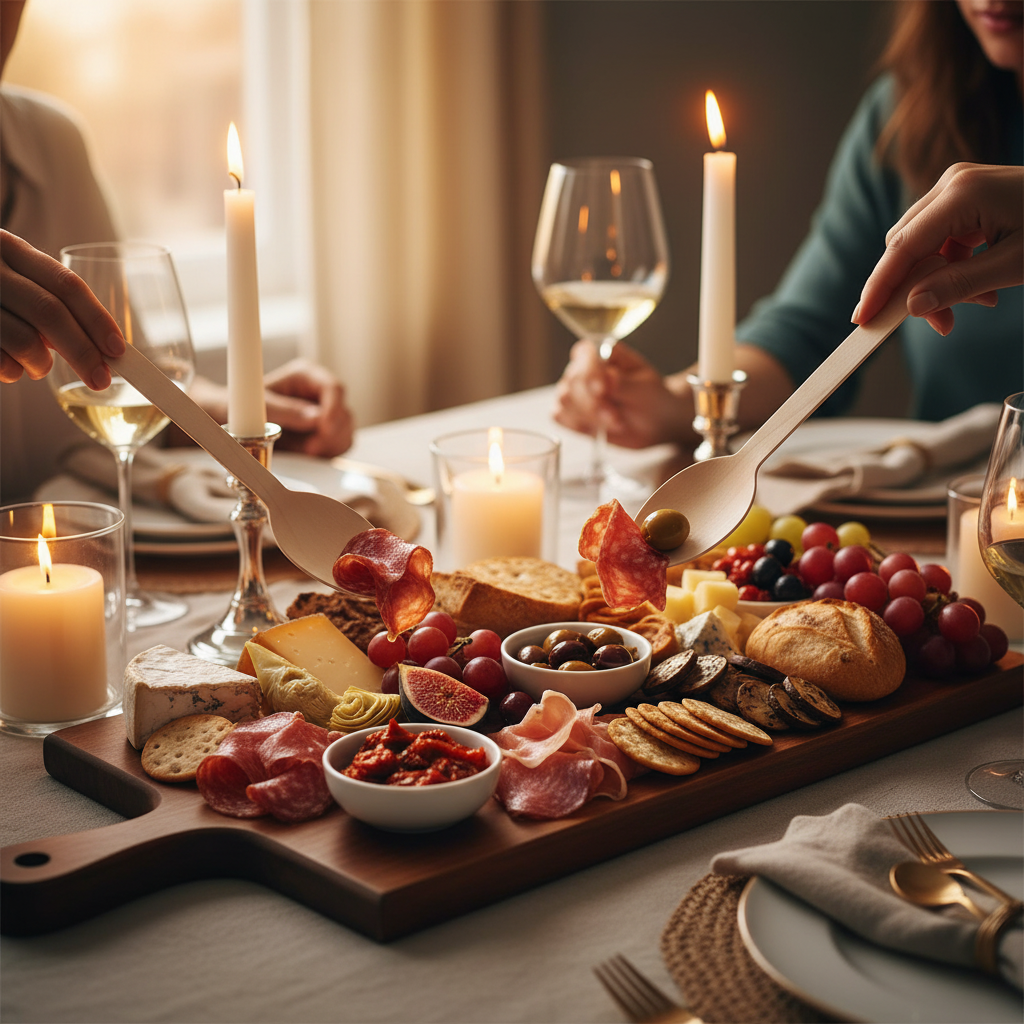 Eco birchwood wooden spoons serving a premium charcuterie board at an elegant dinner party