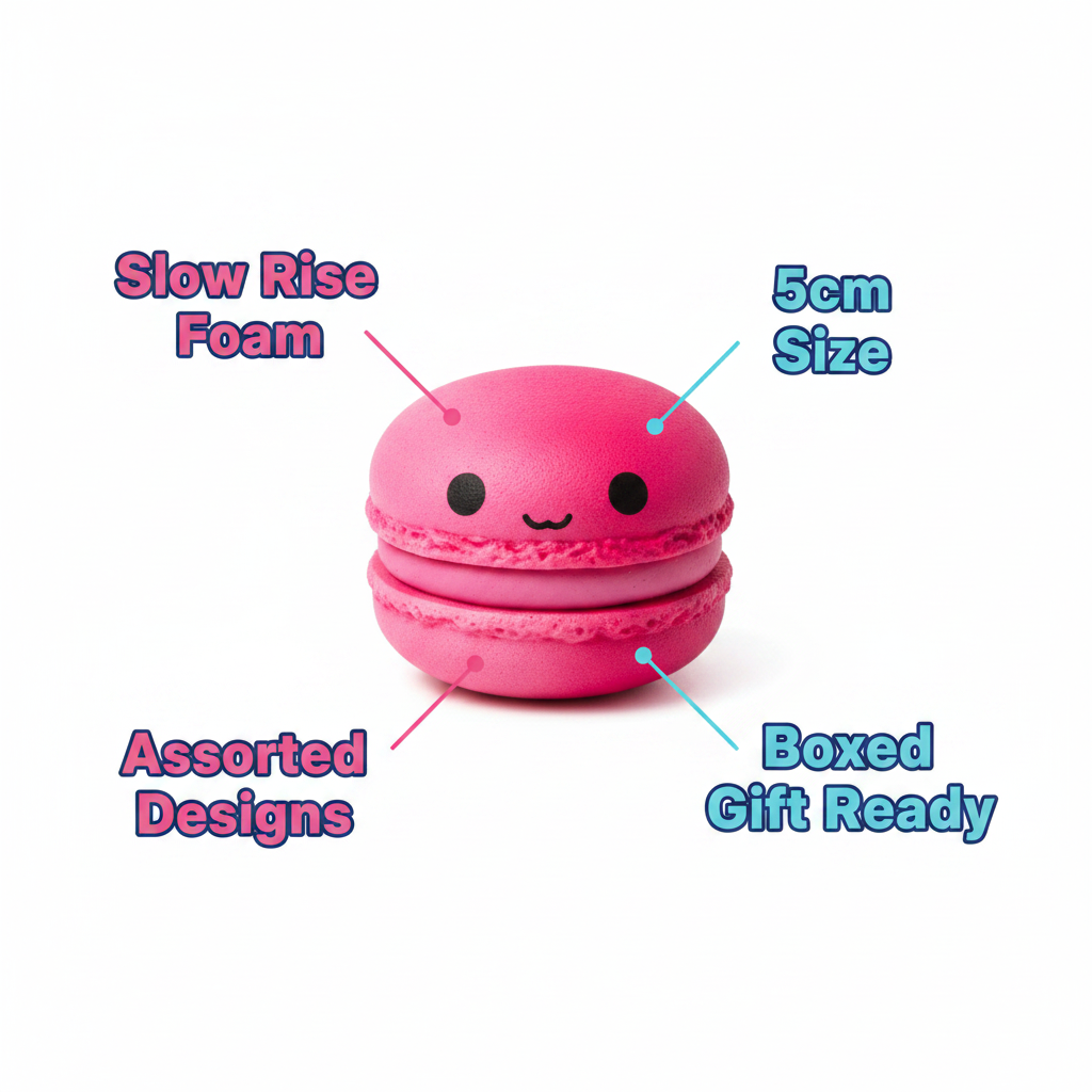 Slow rise squishy dessert toy feature infographic with callout labels pink kawaii