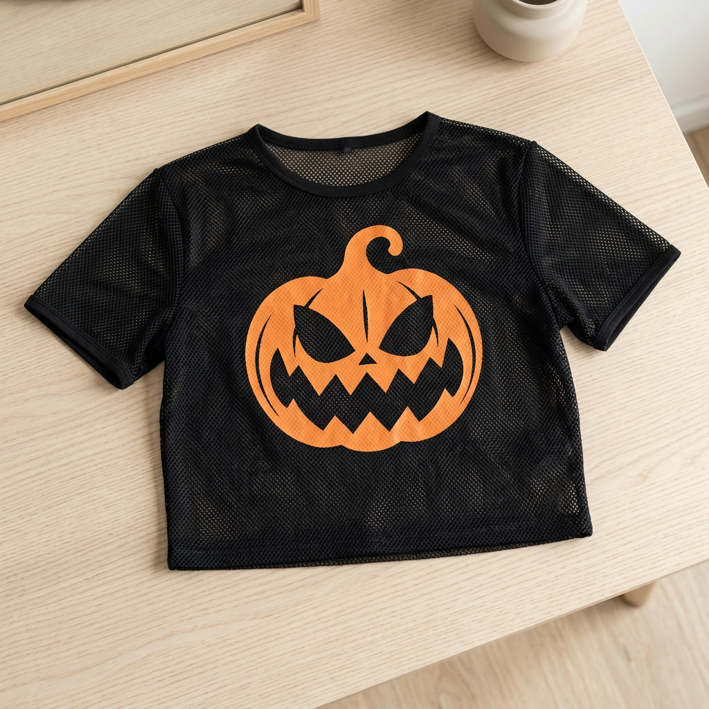 Black mesh pumpkin crop top laid flat on a pale wooden dressing table.