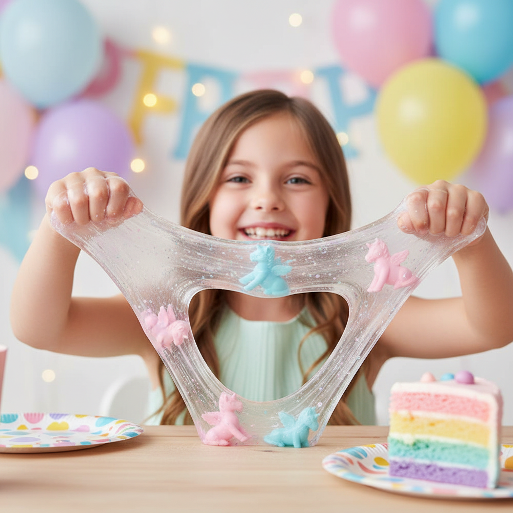 Girl enjoying clear unicorn slime at birthday party - lifestyle shot
