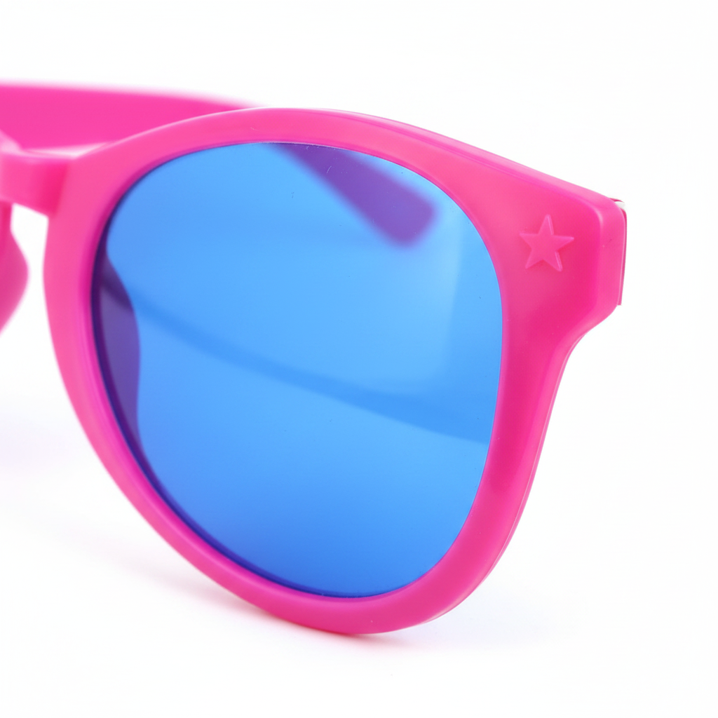 Close-up macro detail of hot pink giant clown glasses frame and mirrored blue lens