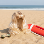 Long blonde wavy Baywatch lifeguard wig displayed on beach setting with sand, sunglasses and red lifeguard float
