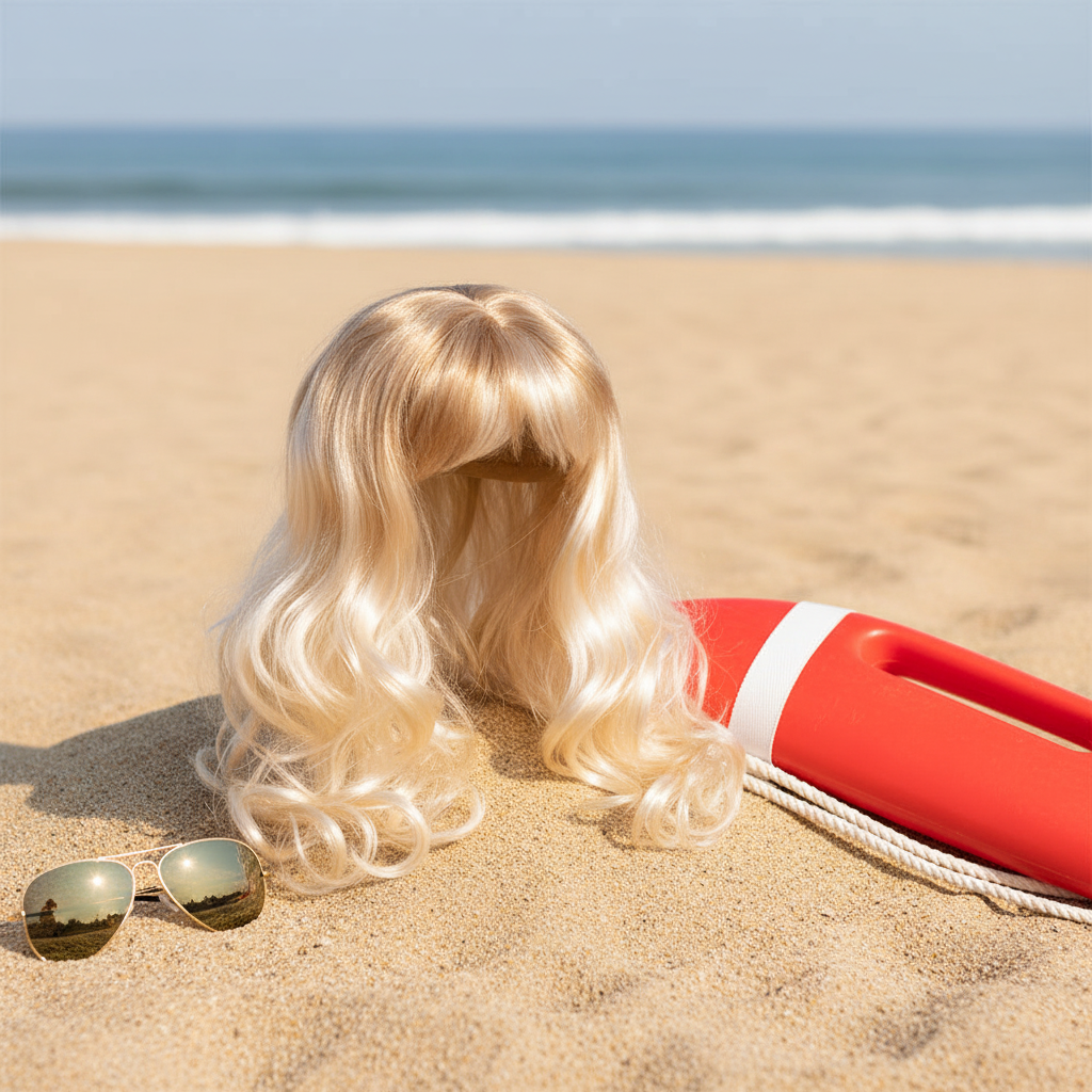 Long blonde wavy Baywatch lifeguard wig displayed on beach setting with sand, sunglasses and red lifeguard float