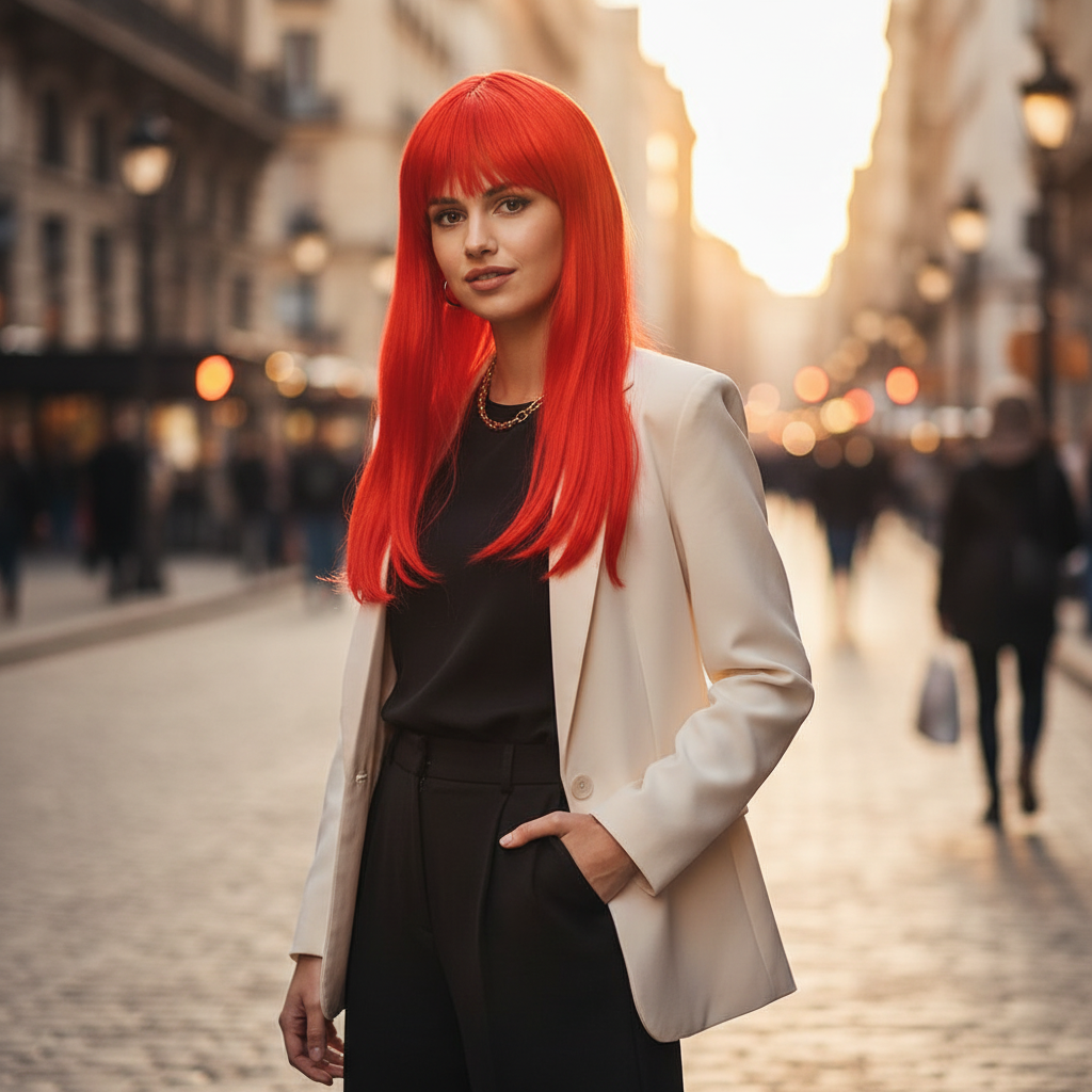 Stylish woman wearing red long straight wig with fringe outdoors at golden hour on city street