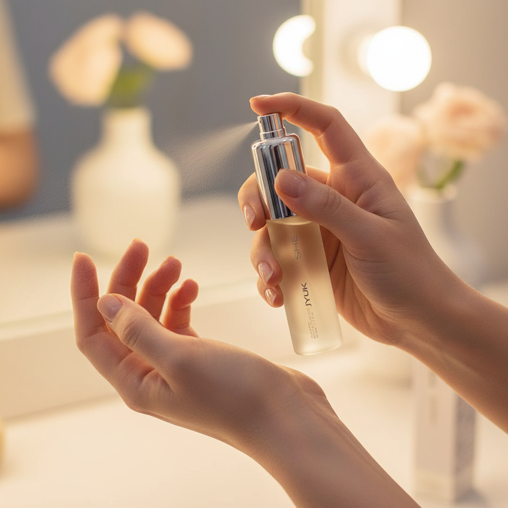 Woman spraying Milton Lloyd She JYUK perfume on her wrist, candid lifestyle shot with bokeh background