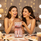 Two friends getting ready together sharing a portable beige makeup brush set with mirror compact