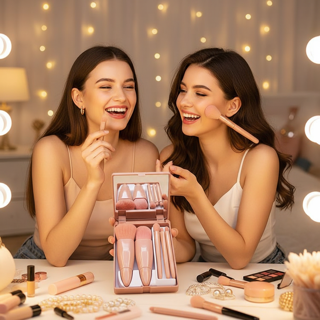 Two friends getting ready together sharing a portable beige makeup brush set with mirror compact