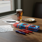 Anker Stationery Bingo Markers Pack of 4 with box on a wooden pub table alongside bingo cards in natural window light