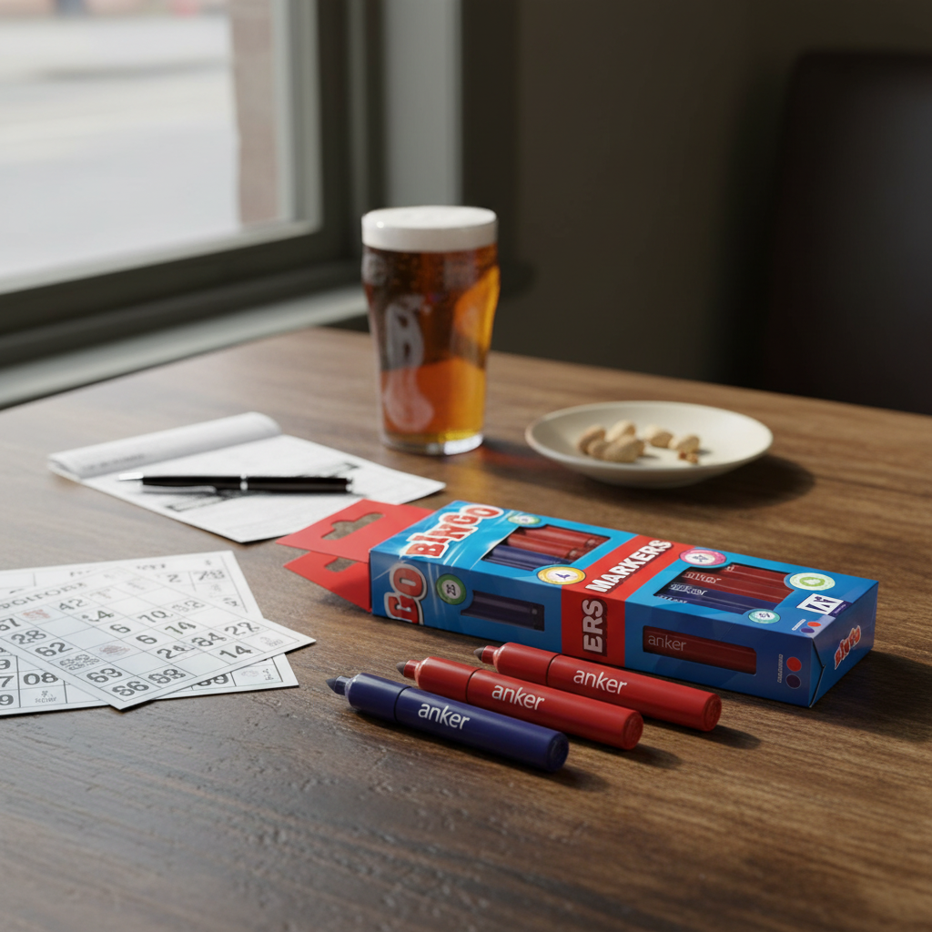 Anker Stationery Bingo Markers Pack of 4 with box on a wooden pub table alongside bingo cards in natural window light