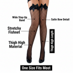 Black fishnet thigh high stockings infographic showing key features: stretchy fishnet, wide stay-up band, satin bow, thigh high length