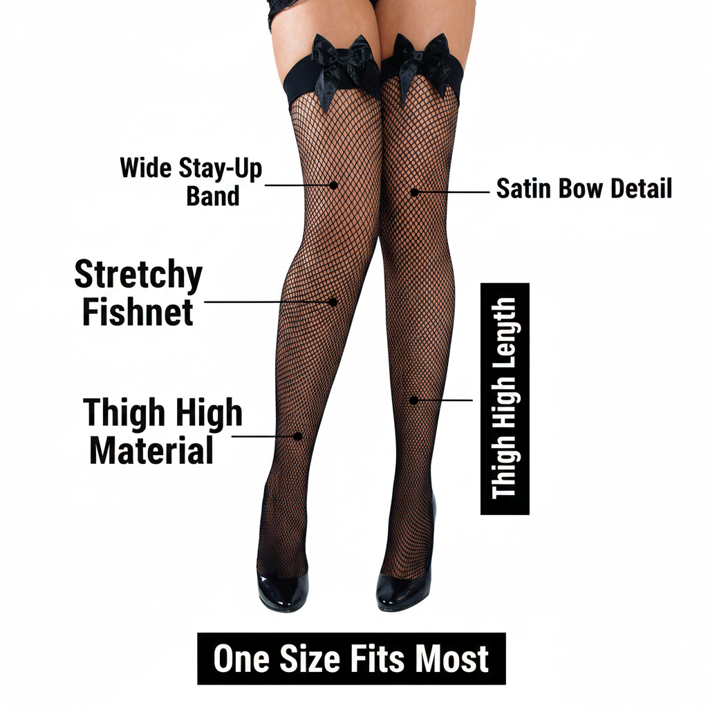 Black fishnet thigh high stockings infographic showing key features: stretchy fishnet, wide stay-up band, satin bow, thigh high length