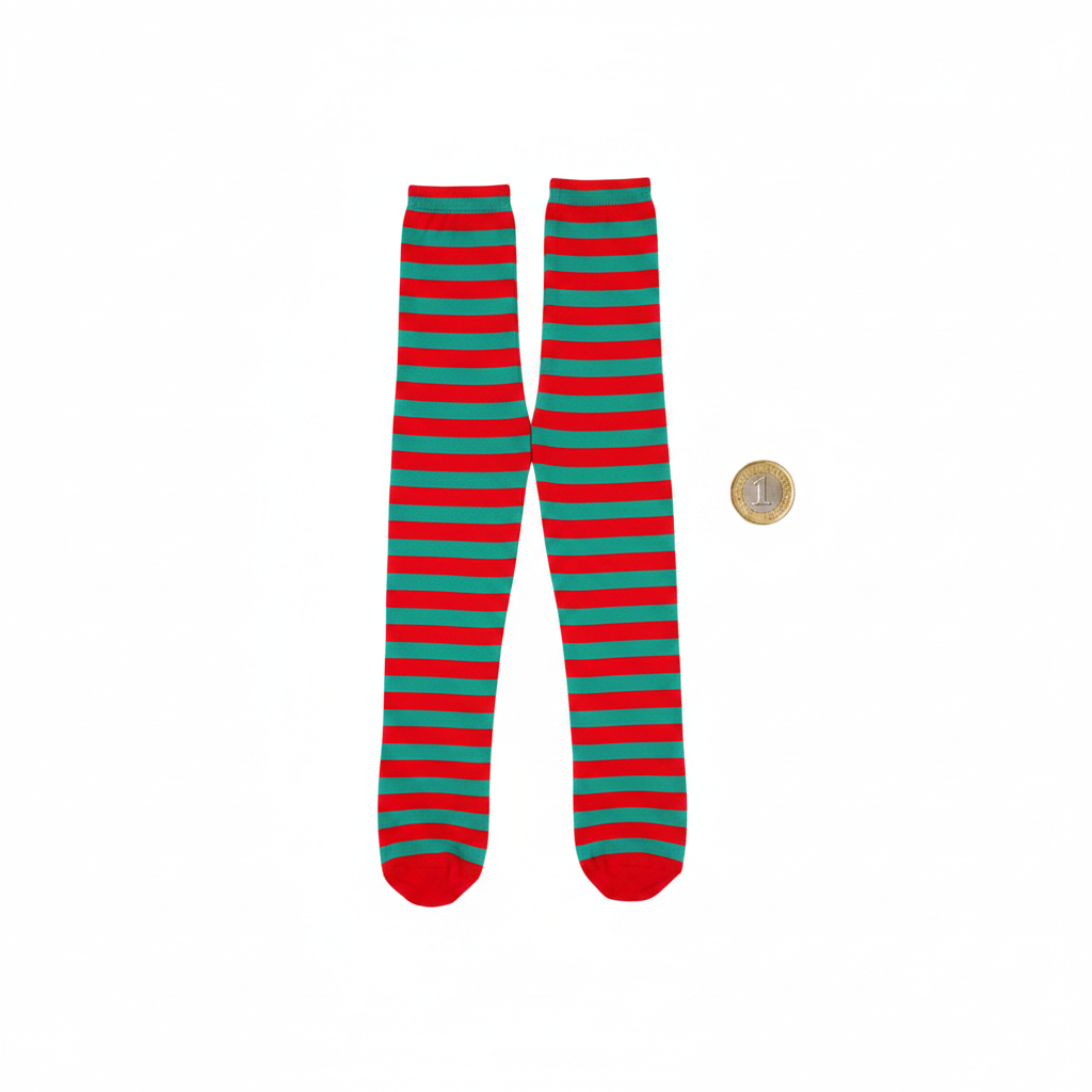 Flat lay of womens red and green striped tights beside a pound coin for scale reference on white background
