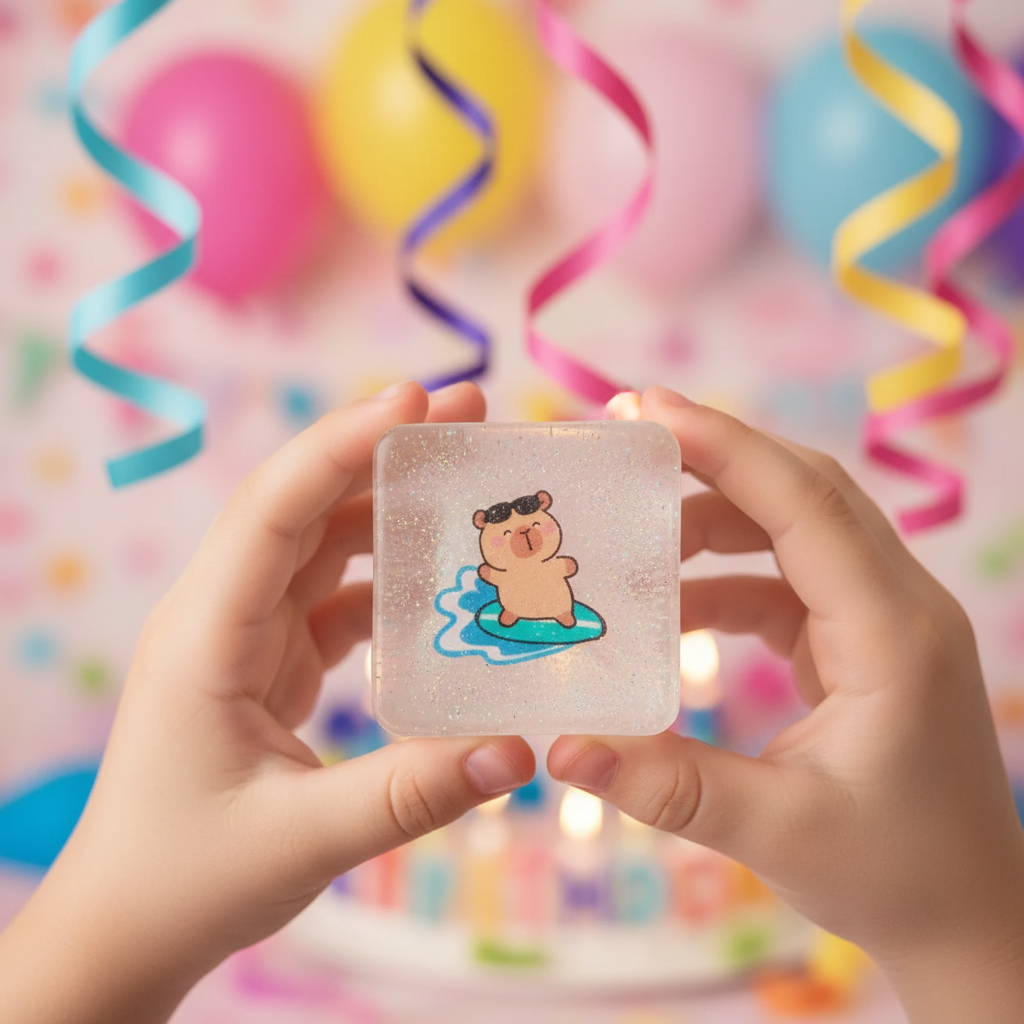 Child's hands holding glittery Cutie Cube capybara toy at a birthday party celebration