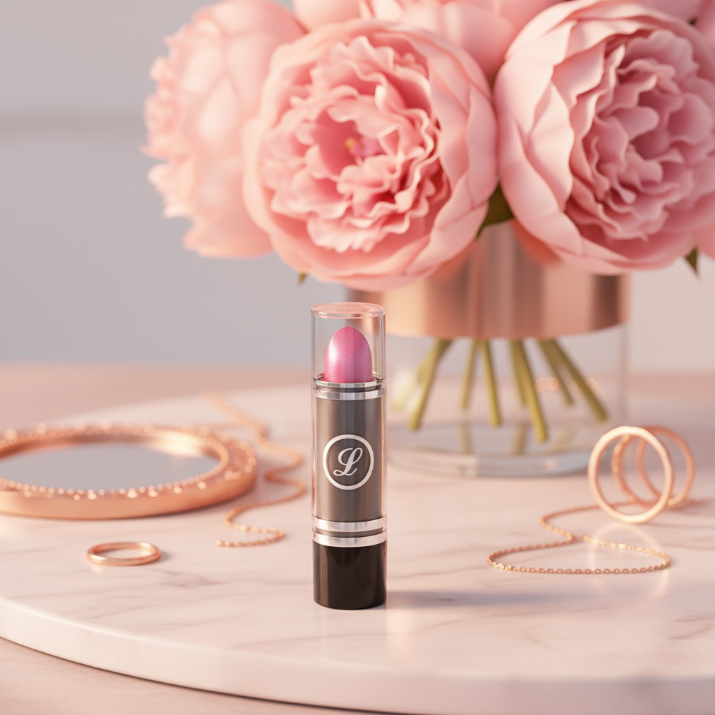 Laval Pink Lipstick Dawn Glow 38 on luxury vanity with pink peonies