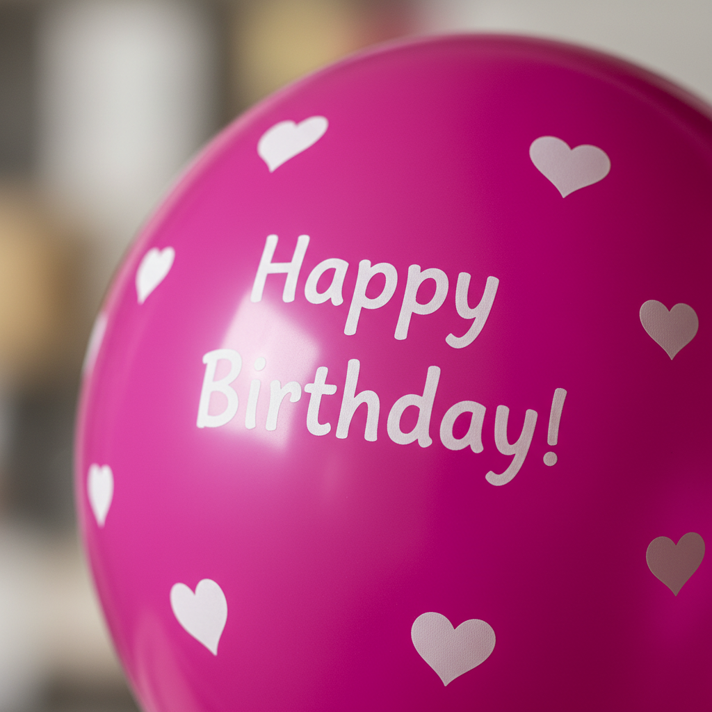 Extreme macro close-up of fuchsia pink latex balloon surface showing white heart print detail and Happy Birthday text texture