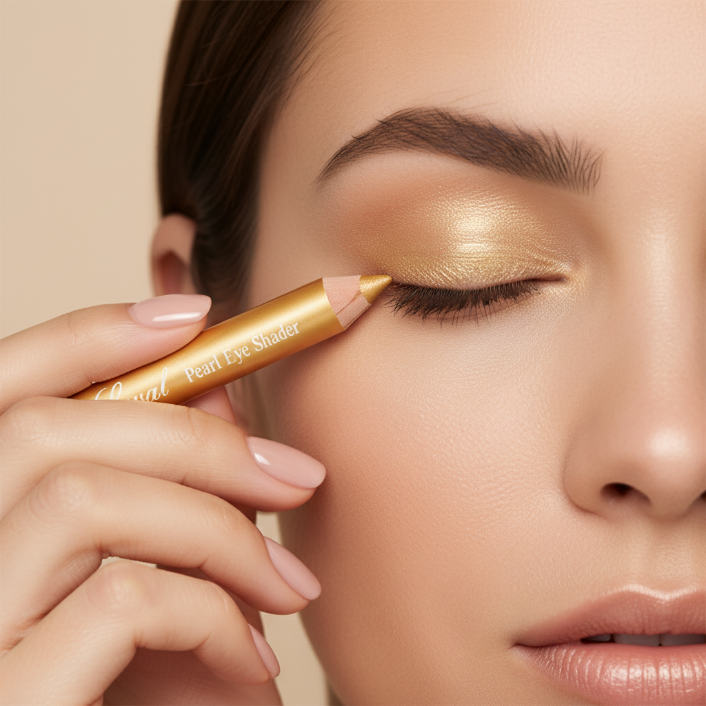 Woman applying the Laval Pearl Eye Shader Gold pencil to her eyelid showing the gold shimmer colour in use