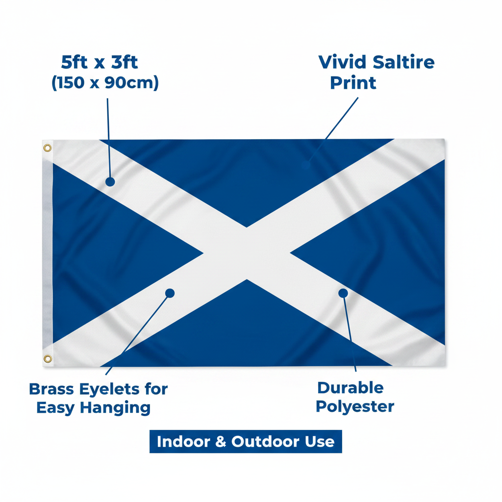Scotland flag infographic showing key features: 5ft x 3ft size, vivid saltire print, durable polyester, brass eyelets, indoor and outdoor use