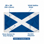 Scotland flag infographic showing key features: 5ft x 3ft size, vivid saltire print, durable polyester, brass eyelets, indoor and outdoor use