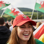 Person wearing Welsh Three Feathers red baseball cap at outdoor Welsh sporting event