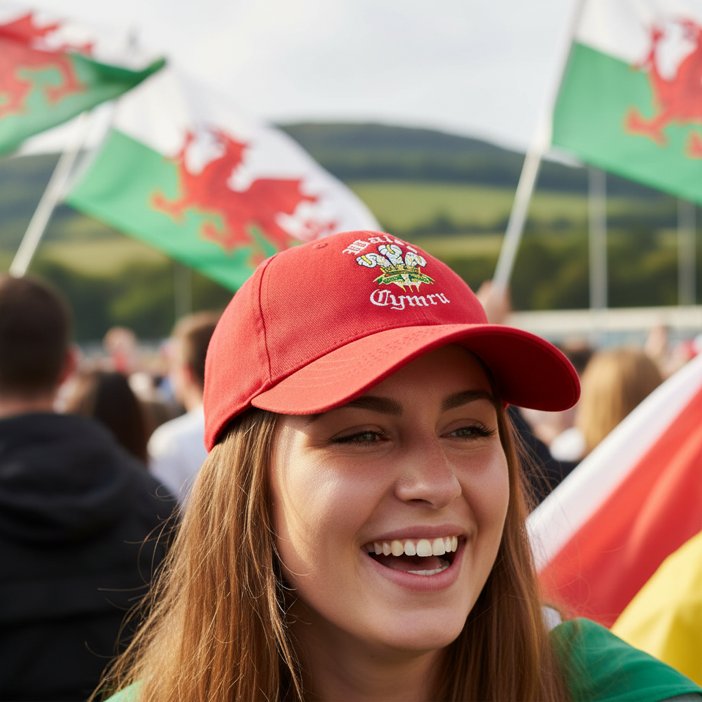 Person wearing Welsh Three Feathers red baseball cap at outdoor Welsh sporting event