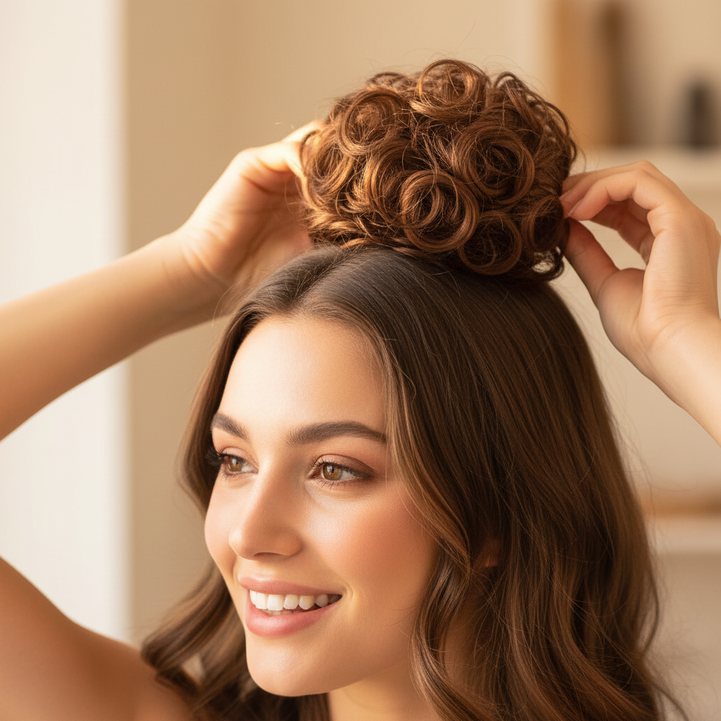 Woman styling her hair with a warm chestnut brown curly messy hair bun clip-in hairpiece shade 6 Daylillies, candid natural moment with bokeh background